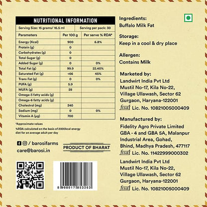 Barosi Premium Buffalo Ghee | Vedic Bilona Method | Churned From Curd | Pure & Natural | Farm Made In Small Batches | Glass Jar Packing