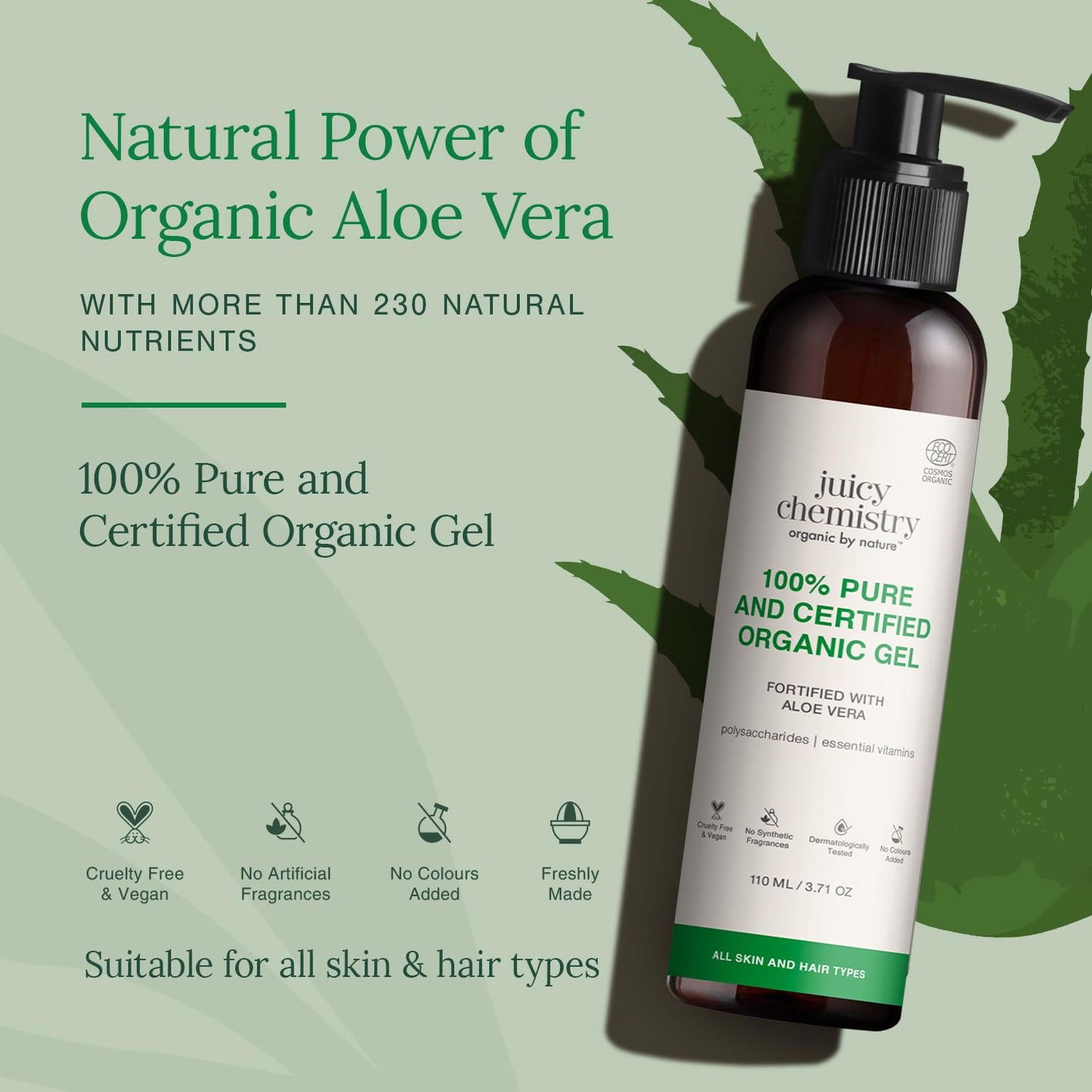 Juicy Chemistry Organic Aloe Vera Gel, 110 ml Multipurpose Gel | 100% Pure Aloe Vera Gel for Face, Hair & Body | Fresh and Soothing | Free from Parabens, Sulphates, Mineral Oils | For Men & Women