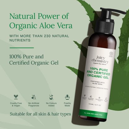 Juicy Chemistry Organic Aloe Vera Gel, 110 ml Multipurpose Gel | 100% Pure Aloe Vera Gel for Face, Hair & Body | Fresh and Soothing | Free from Parabens, Sulphates, Mineral Oils | For Men & Women