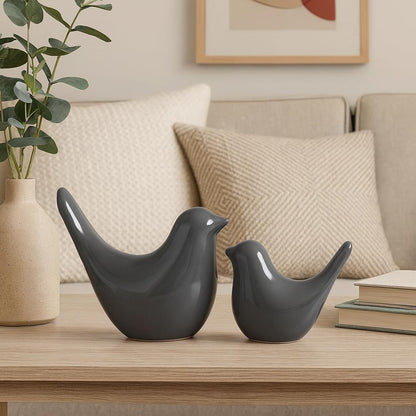 Creative Grey Glossy Ceramic Birds Figurines Home Decorations Accessories Party (Pack of 2, Grey)
