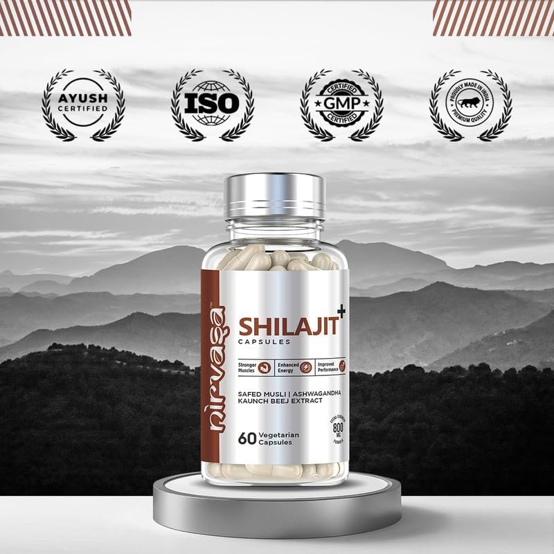 Nirvasa Pure Shilajit/Shilajeet (800mg) 60 Capsules | Boost Strength, Stamina, Energy & Immunity | Supports Vitality, Performance & Muscle Growth | Ashwagandha, Safed Musli & Kaunch Beej