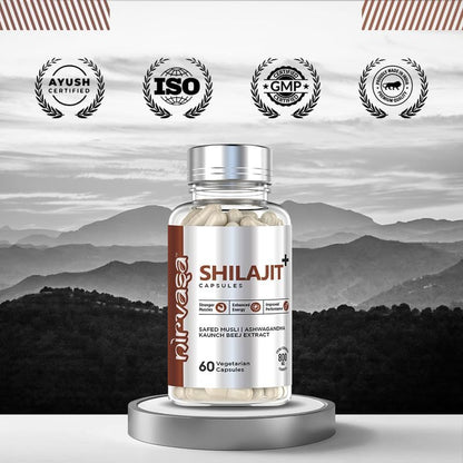 Nirvasa Pure Shilajit/Shilajeet (800mg) 60 Capsules | Boost Strength, Stamina, Energy & Immunity | Supports Vitality, Performance & Muscle Growth | Ashwagandha, Safed Musli & Kaunch Beej