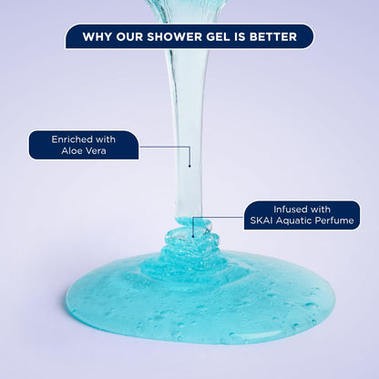 Blue shower gel being poured with text highlighting ingredients on a light blue background