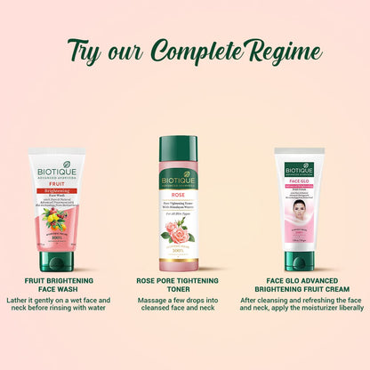 Biotique skincare products with product descriptions on a light pink background