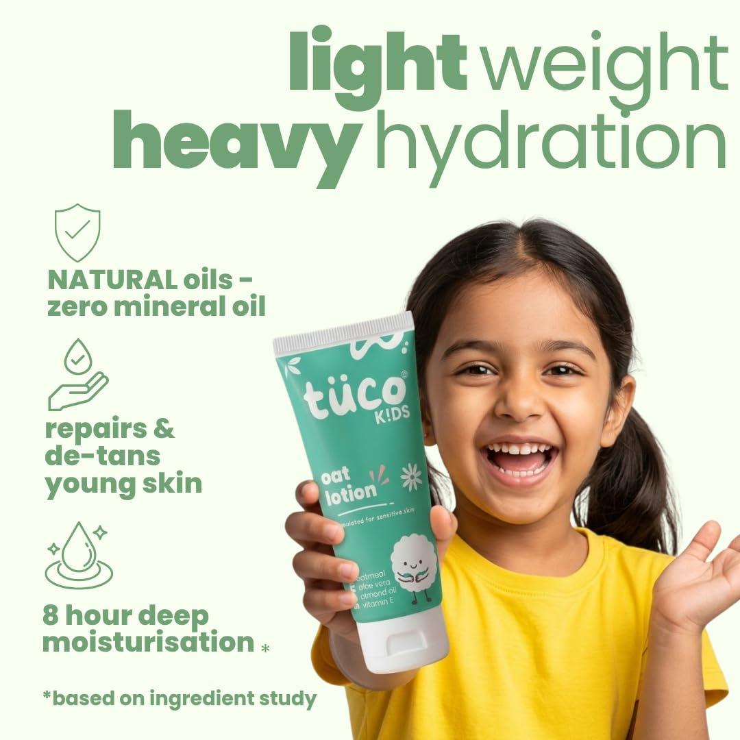 Child holding a tuco Kids product with text about natural oils and hydration.