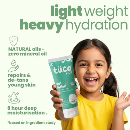 Child holding a tuco Kids product with text about natural oils and hydration.