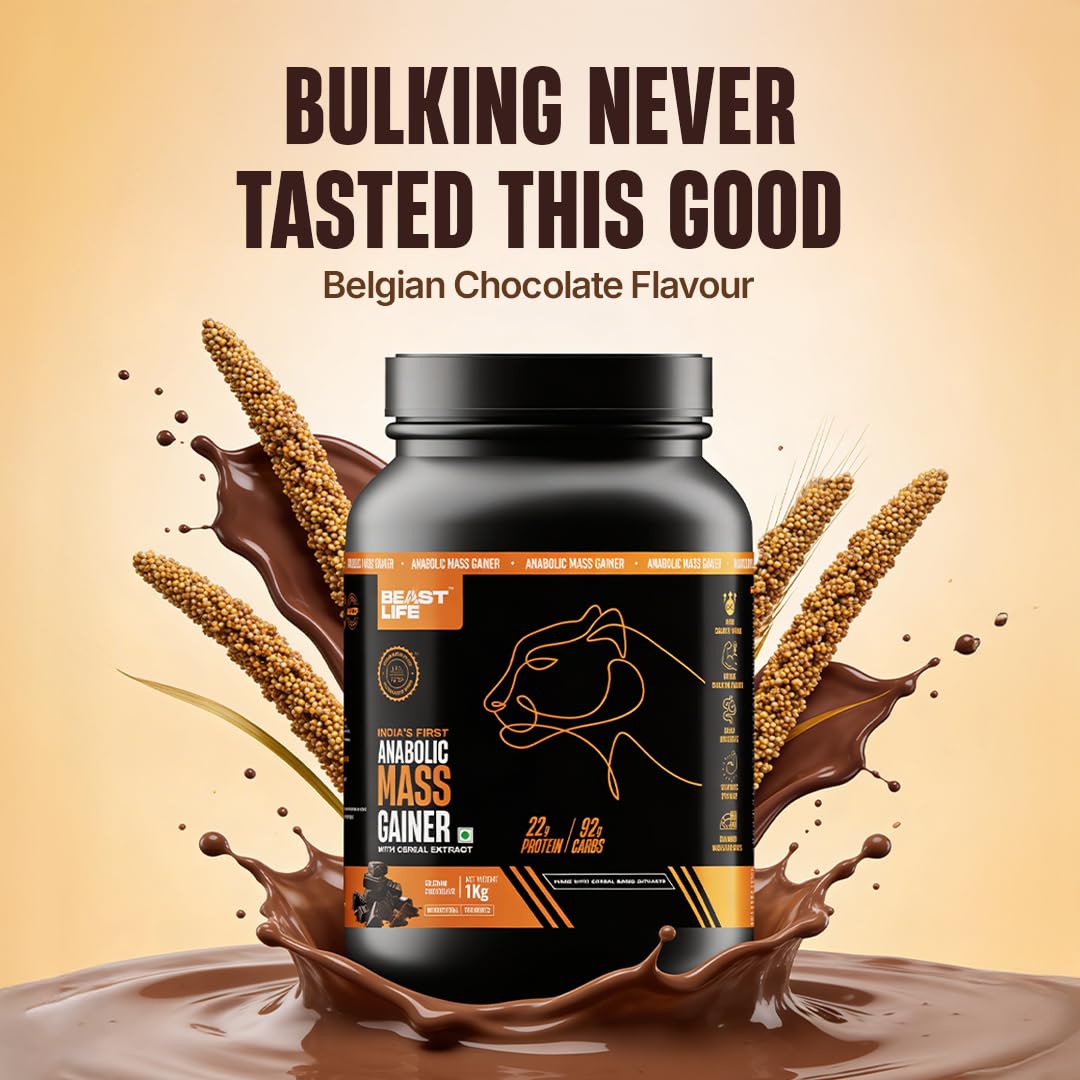 Beast Life High Protein Mass/Weight Gainer | 1 KG | Belgian Chocolate with Free Shaker | NABL LAB Tested | For Muscle Gain & Fast Growth | Cereal-Based Formula, No Maltodextrin | India's #1 Cereal Based Bulk Gainer