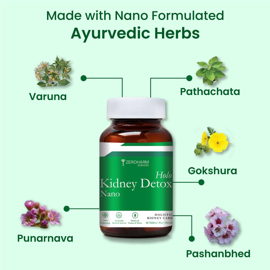 ZEROHARM Holo Kidney Detox | Herbal Creatinine & Kidney Support with Varuna, Punarnava,Pathachata | Kidney Detox & Cleanse for Men & Women | Nano Formulated Ayurvedic Health Supplement - 60 Tablets