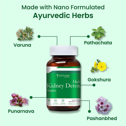 ZEROHARM Holo Kidney Detox | Herbal Creatinine & Kidney Support with Varuna, Punarnava,Pathachata | Kidney Detox & Cleanse for Men & Women | Nano Formulated Ayurvedic Health Supplement - 60 Tablets
