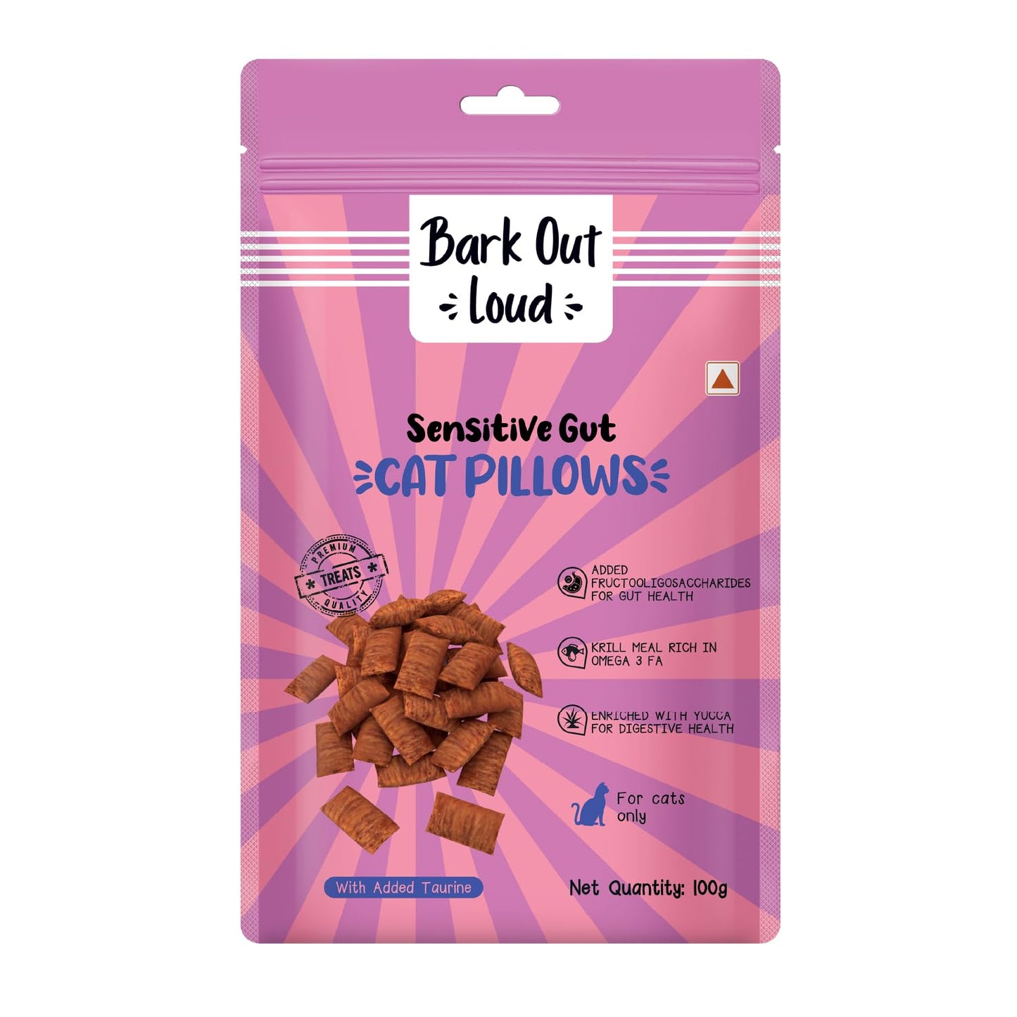 Bark Out Loud Cat Pillow | Crunchy Cat Treats with Fresh Chicken & Dried Krill | Prebiotics, Taurine, Vitamin E, DHA, Omega 3 & 6 | Healthy Cat Snacks for Sensitive Gut & All Life Stages -100gm
