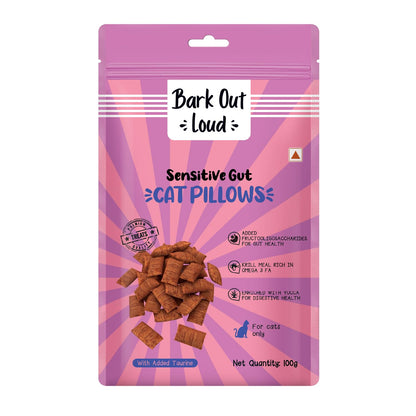 Bark Out Loud Cat Pillow | Crunchy Cat Treats with Fresh Chicken & Dried Krill | Prebiotics, Taurine, Vitamin E, DHA, Omega 3 & 6 | Healthy Cat Snacks for Sensitive Gut & All Life Stages -100gm