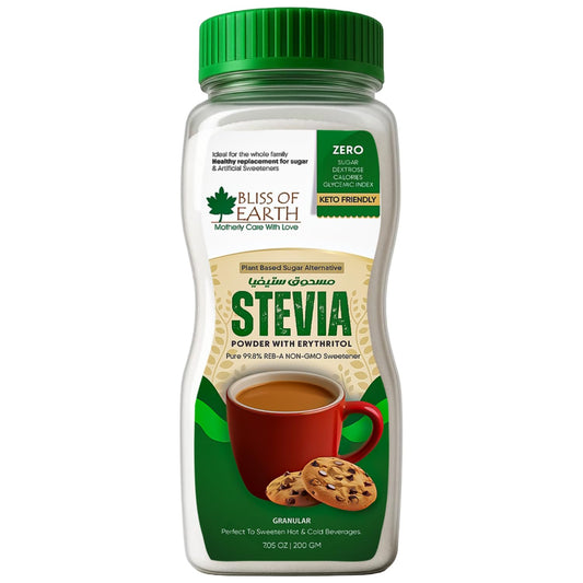 Bliss of Earth Stevia Powder, Organic Sugar Free Zero Calorie Sweetener Diabetic and Keto Friendly 99.8% Purity Vegetarian Gluten Free Quick Dissolve 200g Jar