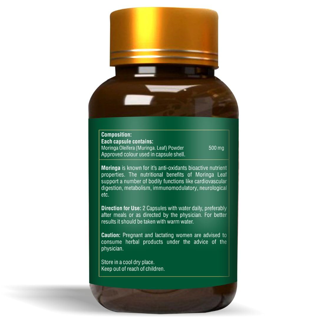 Supplement bottle with a gold cap and green label on a white background