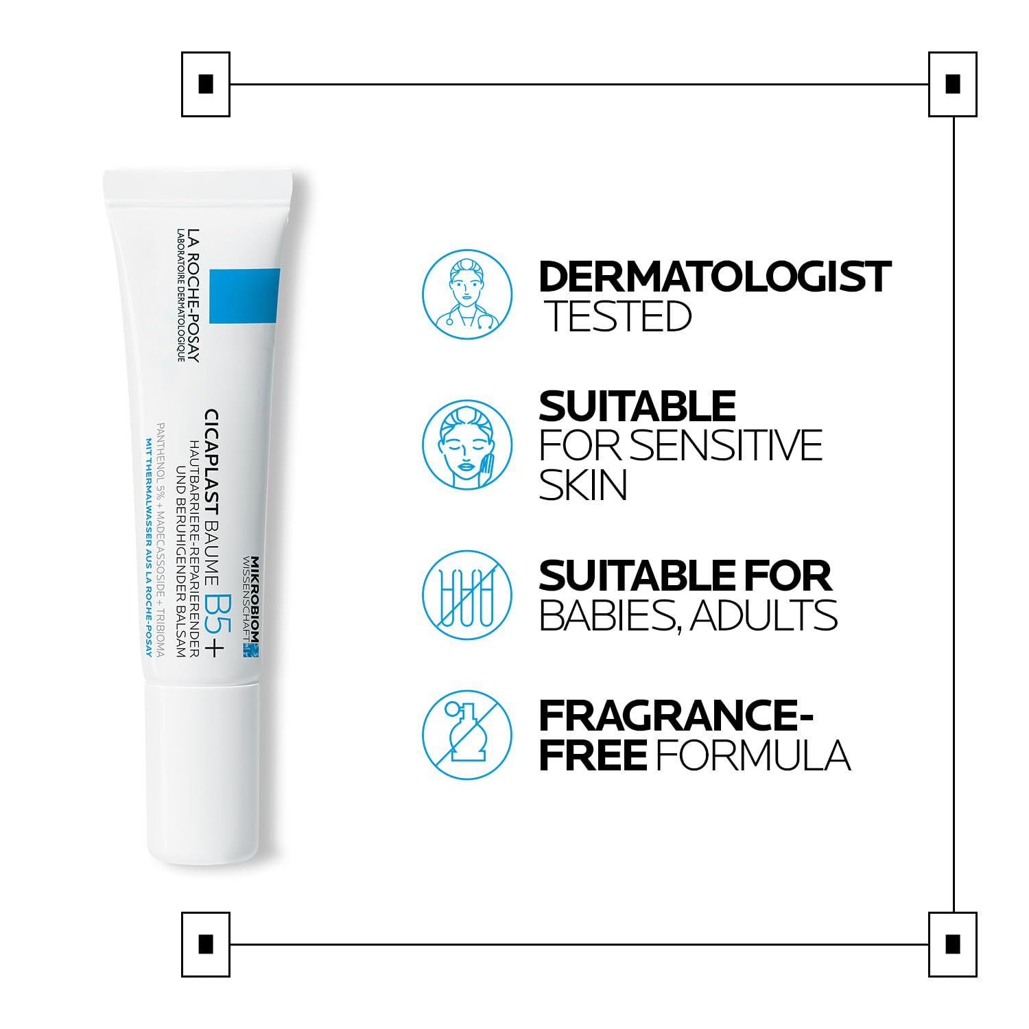 Tube of La Roche-Posay Cicaplast Baume B5+ with product features on a white background