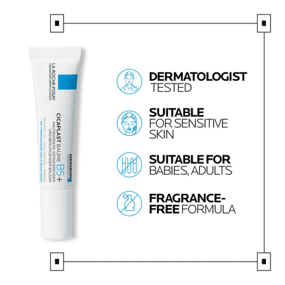 Tube of La Roche-Posay Cicaplast Baume B5+ with product features on a white background
