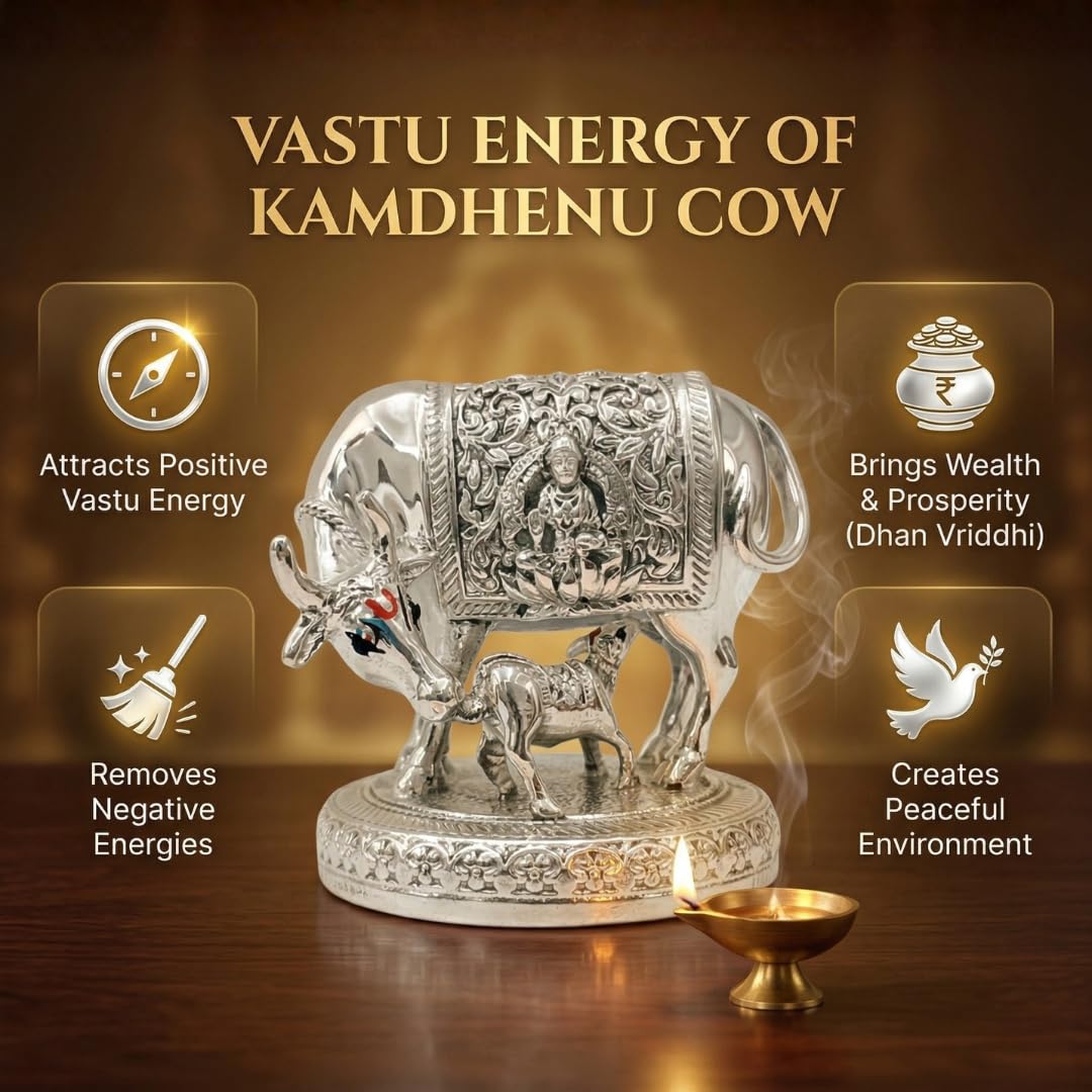 Dev Aastha 999 Pure Silver Plated Kamdhenu Cow Idol | 2.5 inch Vastu Home Decor for Pooja Room & Mandir | Symbol of Prosperity & Abundance | Ideal Religious & Spiritual Gift