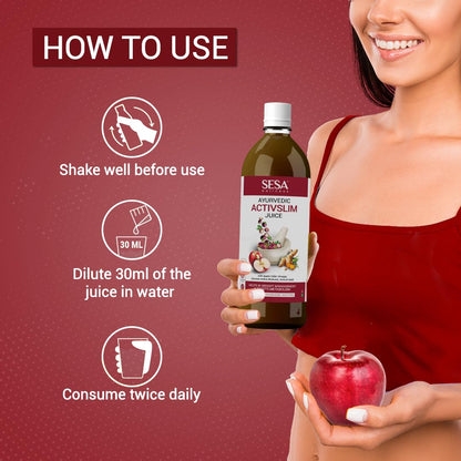 SESAs Ayurvedic Activslim Juice bottle with usage instructions and a woman holding an apple on a red background