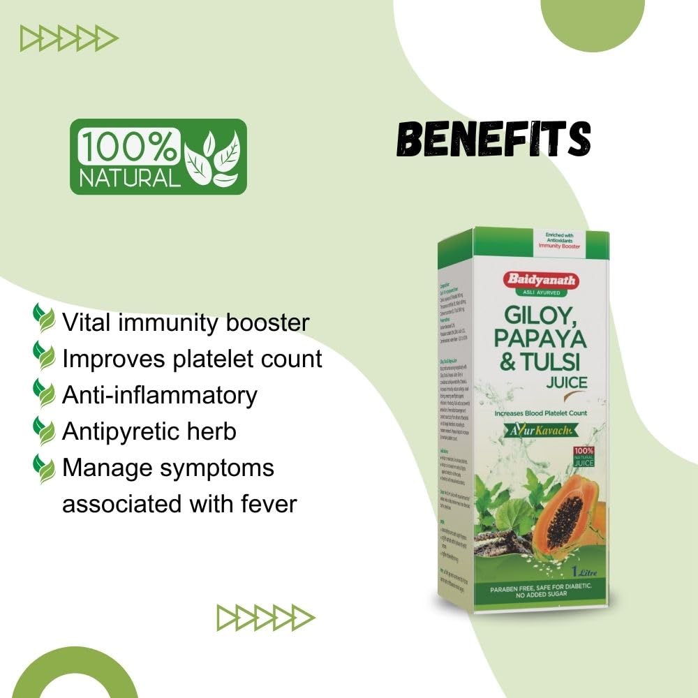 Baidyanath Asli Ayurved Giloy, Papaya & Tulsi Juice - Boost Blood Platelet Count | Ayurvedic Herbal Juice | 1 Ltr