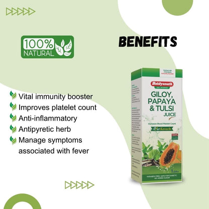 Baidyanath Asli Ayurved Giloy, Papaya & Tulsi Juice - Boost Blood Platelet Count | Ayurvedic Herbal Juice | 1 Ltr