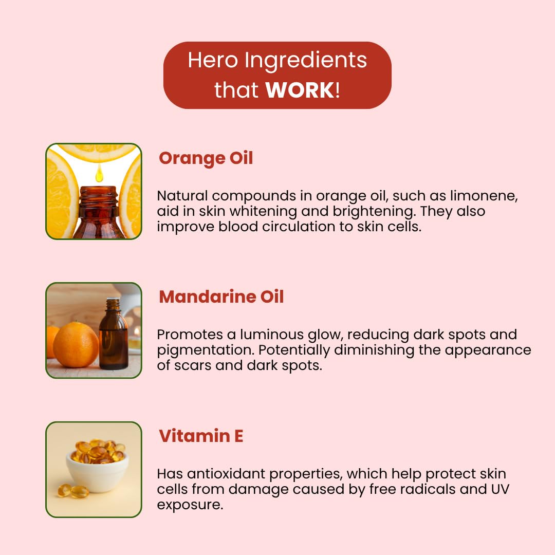 Product packaging with orange oil, mandarin oil, and vitamin E on a pink background