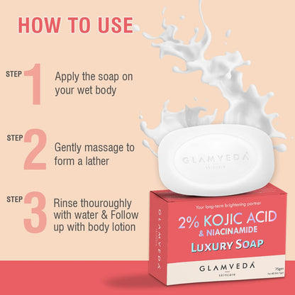 Glamveda luxury soap with instructions on how to use it on a beige background