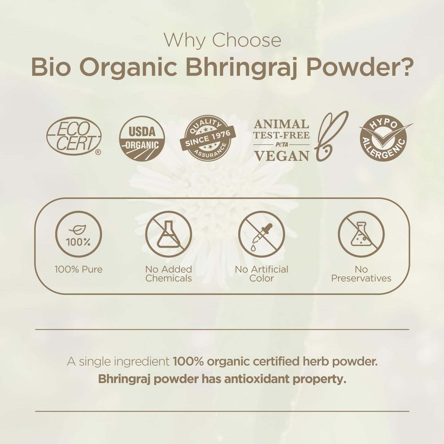 Promotional graphic for Bio Organic Bhringraj Powder highlighting certifications and properties.