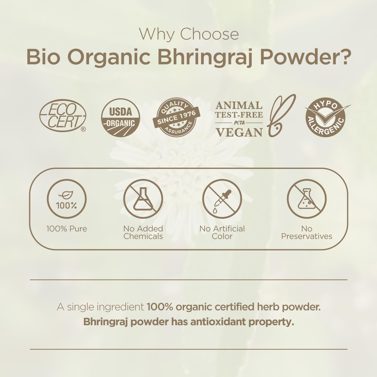 Promotional graphic for Bio Organic Bhringraj Powder highlighting certifications and properties.
