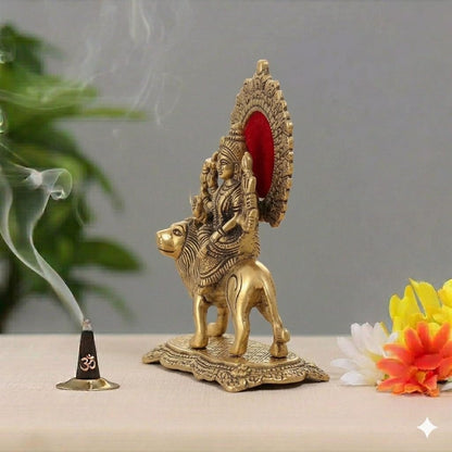 Handcrafted Brass Maa Durga Statue on Lion - Golden Finish Sherawali MATA Idol for Home Mandir, Navratri Pooja Decor & Gifting
