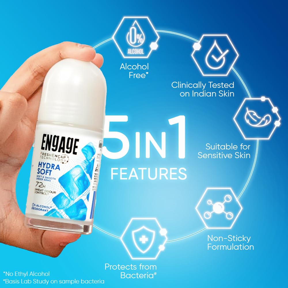Engage Hydra Soft Underarm Roll On for Women|Skin Softening Deodorant Formula |72 Hour Sweat & Odour Protection| Advanced Antiperspirant Formula|FreshEncap Technology |0% Alcohol|Non Sticky|50ml