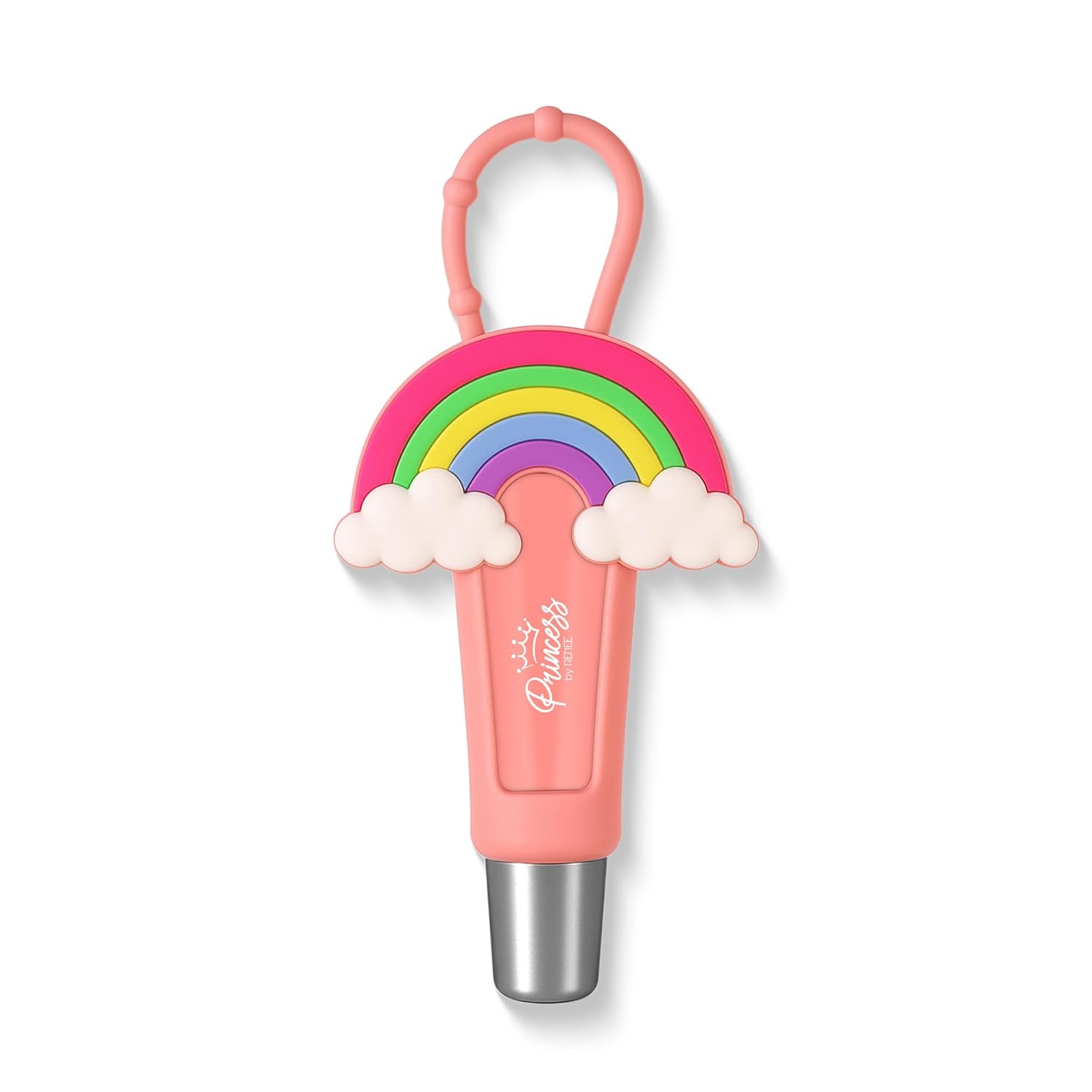 Pink lip balm with rainbow and cloud design on a white background