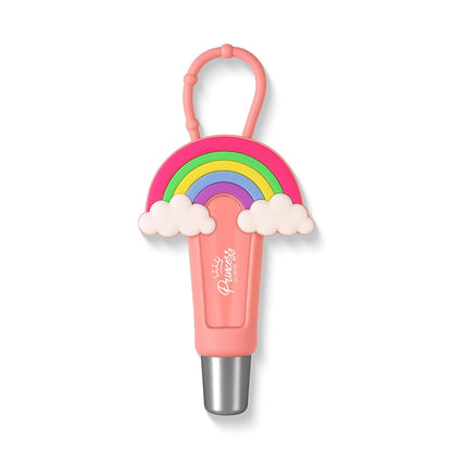 Pink lip balm with rainbow and cloud design on a white background
