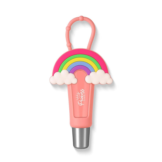 Pink lip balm with rainbow and cloud design on a white background