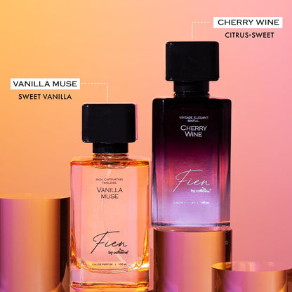 Two perfume bottles labeled 'Vanilla Muse' and 'Cherry Wine' on a gradient background.