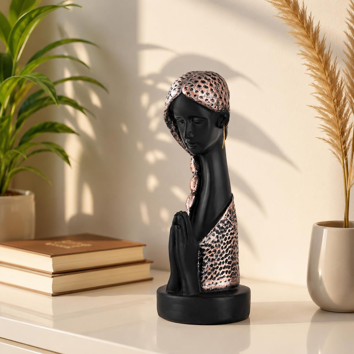 Graceful Resin Namaste Statue of a Girl |Elegant Spiritual Décor (Pack of 1, Black & Silver)