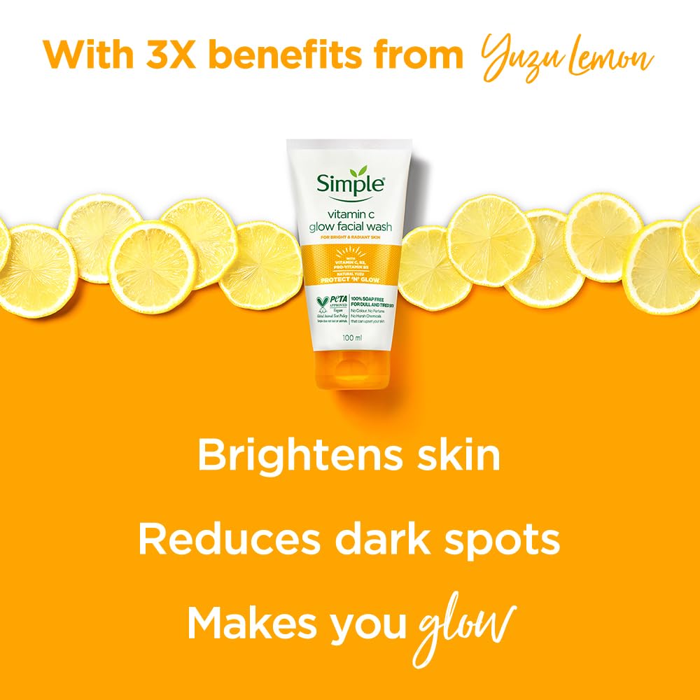 Simple vitamin C face wash with yuzu lemon on an orange background