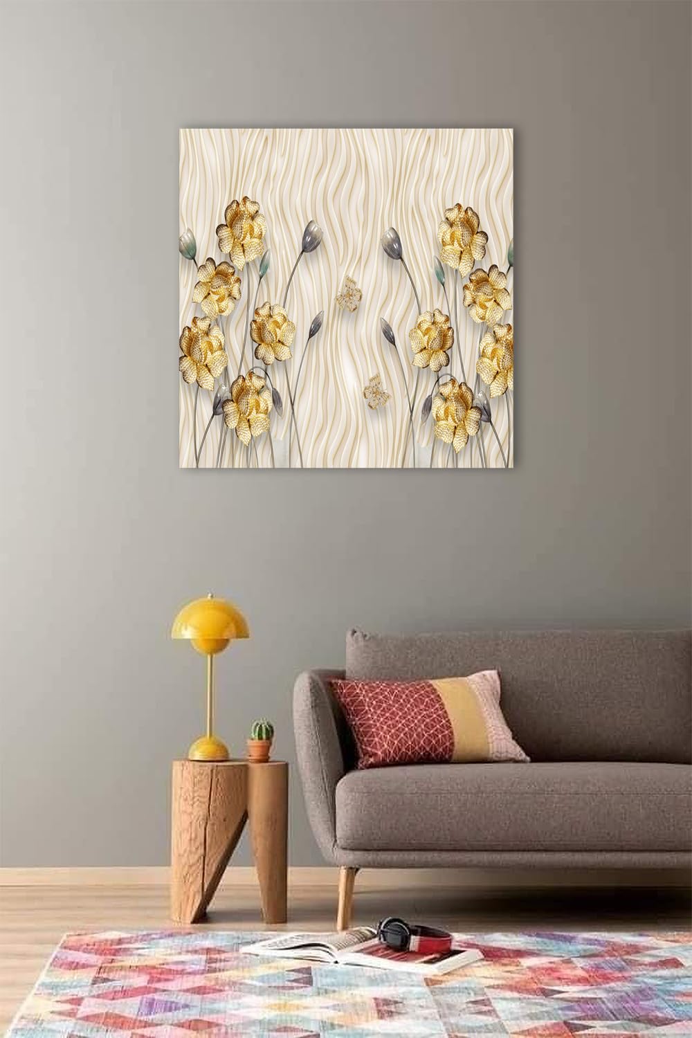 Printed Framed Canvas Painting for Home Decor Office Wall Studio Wall Living Room Decoration (22x22inch Wrapped) - Golden Flowers 3D Design