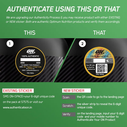 Optimum Nutrition product packaging with authentication instructions on a green background