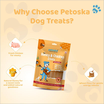 PETOSKA Chicken Honey Sticks- 100gms | Crunchy Dog Treats | Made with Natural Honey & Chicken | Highly Nutritious | Easy to Digest | Enhances Physical Health | Suitable for All Dog Breeds | Pack of 1