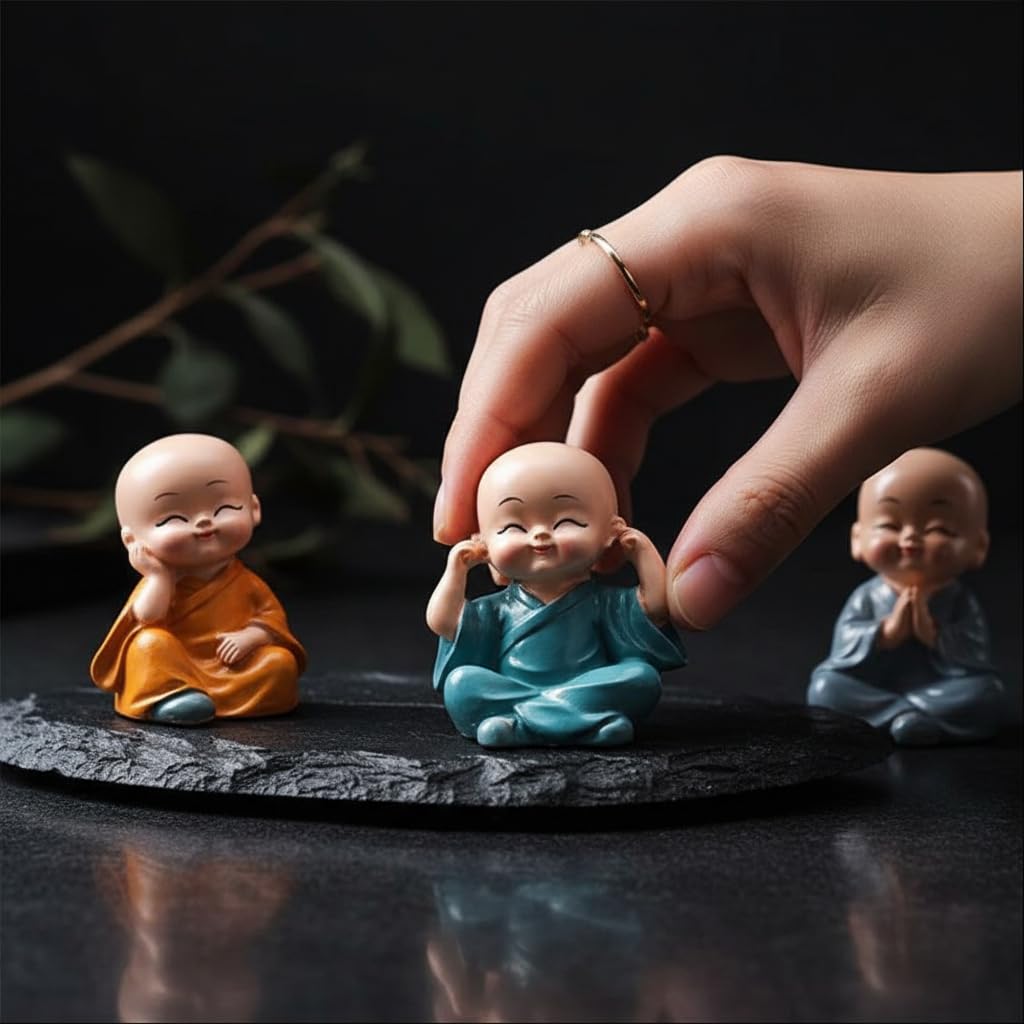 Buddha Monk Statues Set of 4 – Miniature Buddha Monk Statues for Home Decor and Gifts, Multicolour Resin Showpiece for Indoor | Cute Monk Figurines | Ideal Gift for Birthday