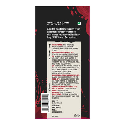 Back label of Wild Stone talcum powder with text and branding.
