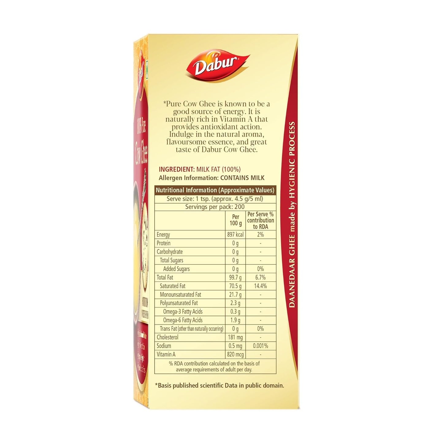 Dabur 100% Pure Cow Ghee - 1l (902g) | Daanedaar with Rich Aroma | Rich in Vitamin A | Provides Energy/Source of Energy