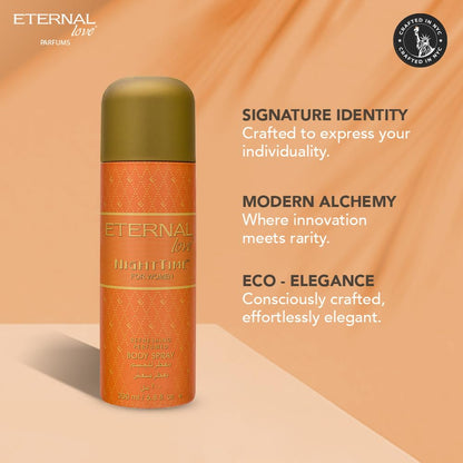 Eternal Love perfume bottle with brand description on a peach background