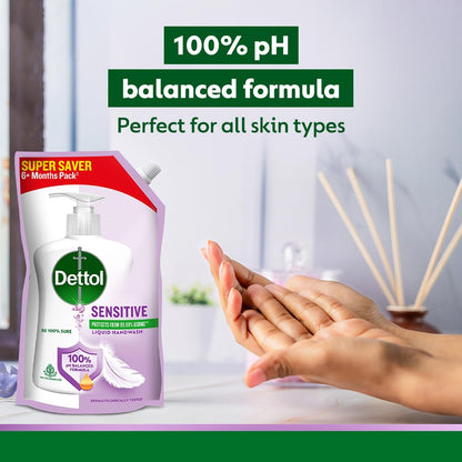 Dettol Liquid Hand wash Refill, Sensitive, 675ml | pH Balanced | 10x Better Germ Protection