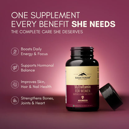 Multivitamin supplement bottle for women with benefits listed on a purple background