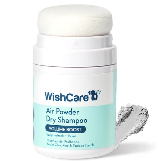 WishCare Air Powder Dry Shampoo with a white cap on a white background