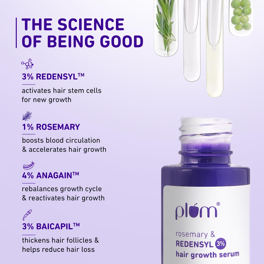 Plum Hair Growth Serum | 3% Redensyl + 4% Anagain + 3% Baicapil | Rosemary & Ginseng Extract | Anti-Hair Fall & Hair Density Booster | For Men & Women, Non-Greasy Formula | 30ml