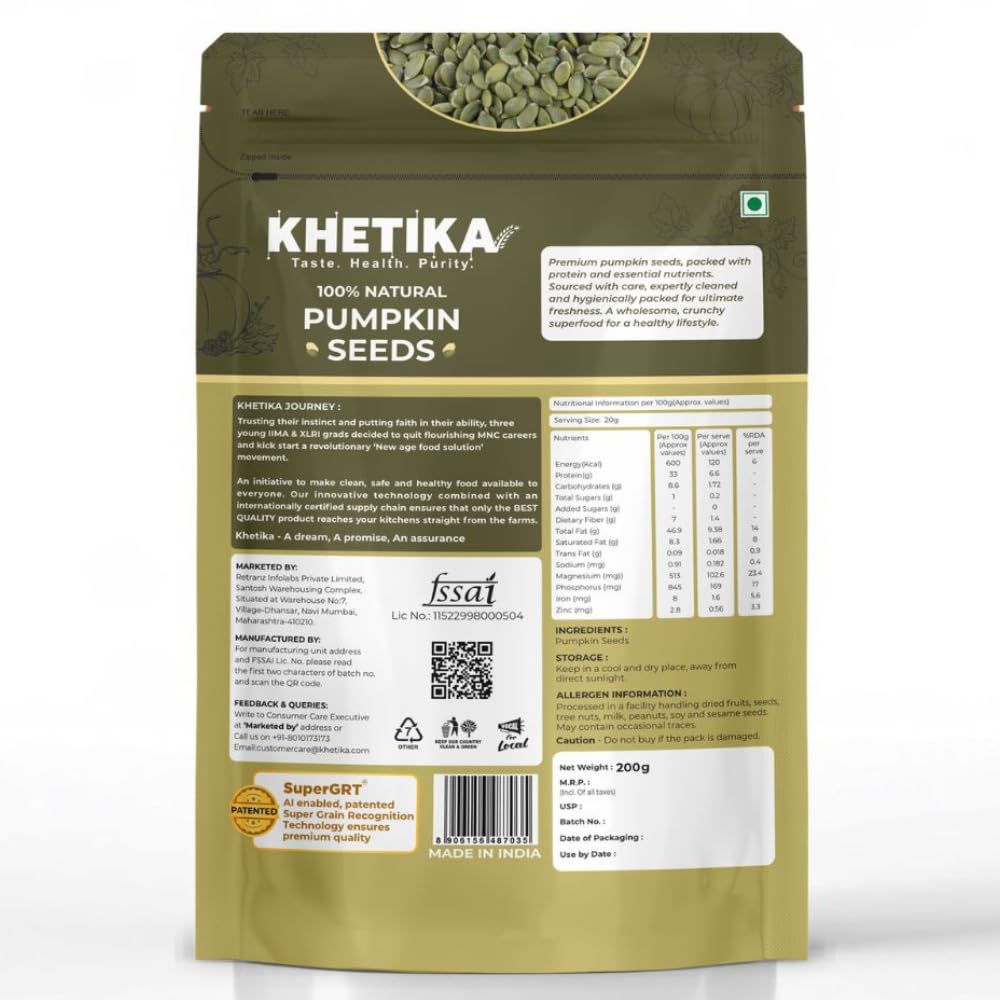 Khetika Pumpkin Seeds I AAA Grade I Raw & Unroasted Pumpkin Seed I Seeds For Eating I Rich in Protein, Dietary Fibre, Omega -3, Magnesium, Zinc