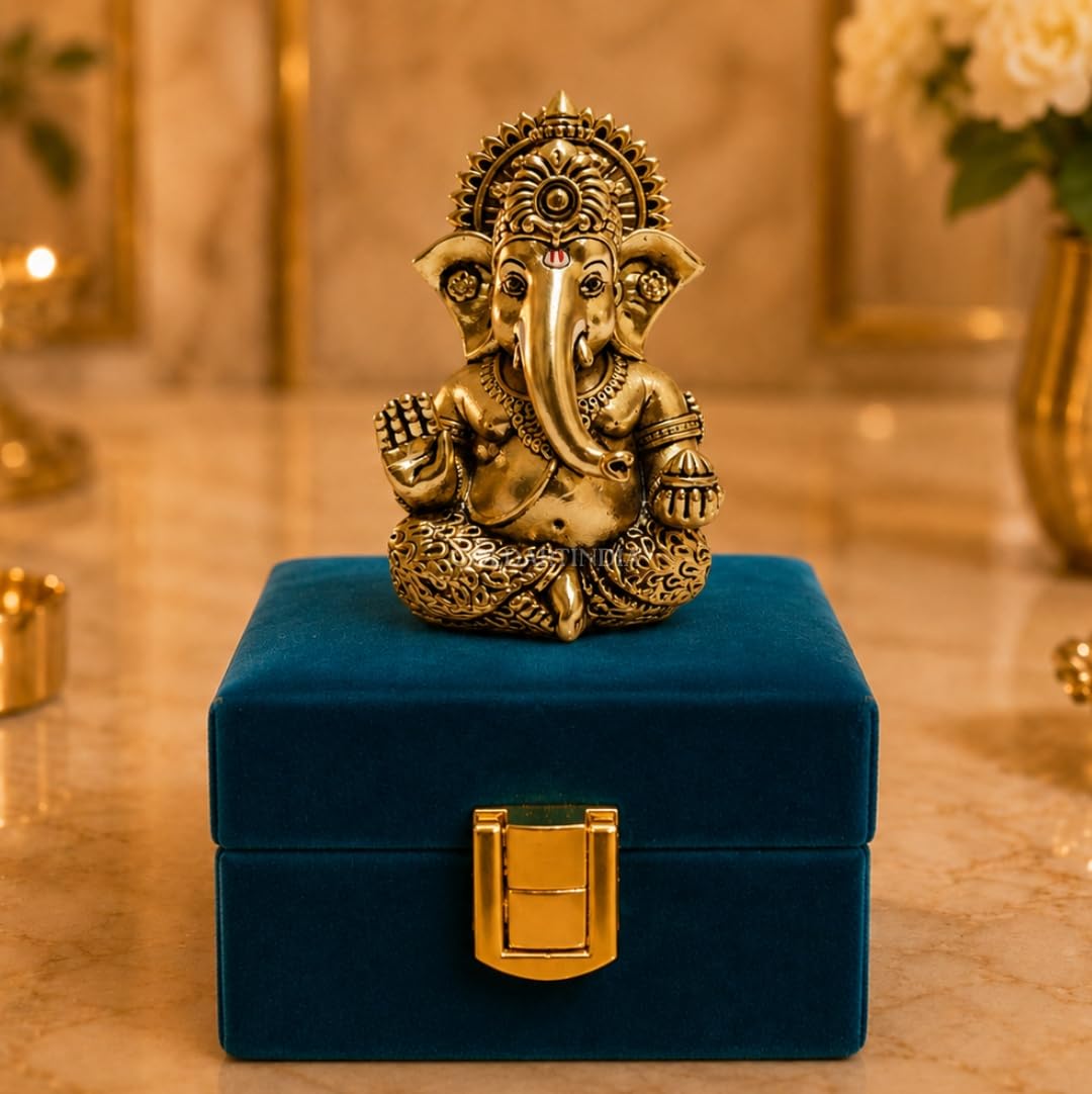 Gold Art India Lord Ganesha Idol with Premium Velvet Gift Box | Decorative Ganpati Murti for Home Temple, Office Desk, Car Dashboard & Spiritual Gifting