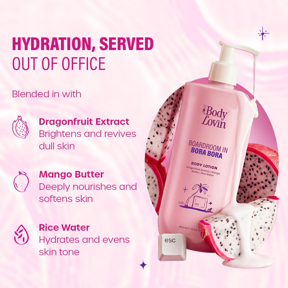 Plum BodyLovin’ Boardroom In Bora Bora Body Lotion | Hydrating & Brightening Body Lotion | Lightweight Hydration | Dragonfruit Extract, Mango Butter & Rice Water | Sweet Tropical Fragrance | 400 ml