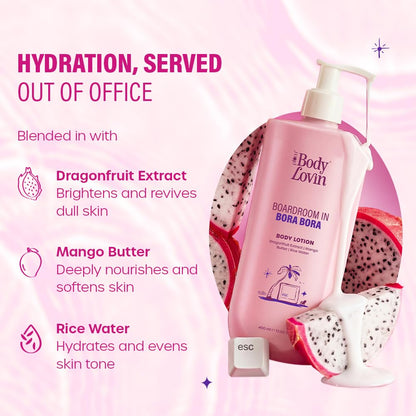 Plum BodyLovin’ Boardroom In Bora Bora Body Lotion | Hydrating & Brightening Body Lotion | Lightweight Hydration | Dragonfruit Extract, Mango Butter & Rice Water | Sweet Tropical Fragrance | 400 ml